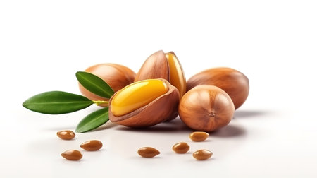 Argan seeds isolated on a white banner background. Generative Aiの素材