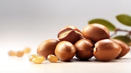Argan oil nuts with plant. Cosmetics and natural oils background, Bright color. Generative Aiの素材