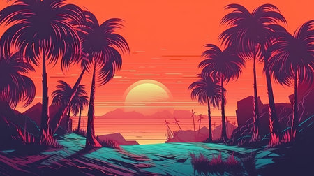 Palms and beach retro style, Bright color. Generative Aiの素材