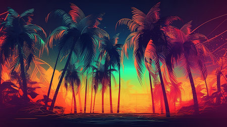 Palms and beach retro style, Bright color. Generative Aiの素材