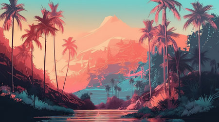 Palms and beach retro style, Bright color. Generative Aiの素材
