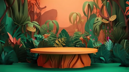 Jungle table background. Interior table for a cosmetic item. Generative Aiの素材