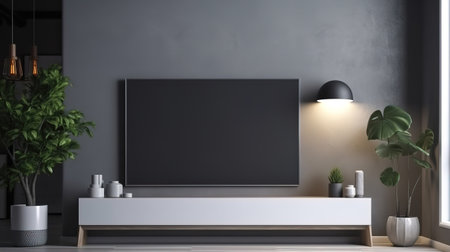 TV led mock up screen. Smart TV on a curbstone in an interior of the living room. Generative Aiの素材