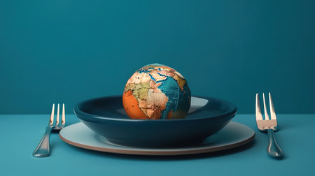 Globe on a plate for food on a blue background. Generative Aiの素材