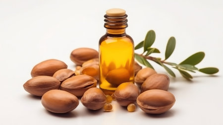 Argan oil nuts with plant. Cosmetics and natural oils background, Bright color. Generative Aiの素材