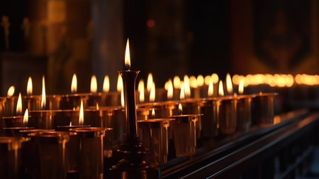 Flame of candles in the dark sacred interior of the temple. Generative Aiの素材