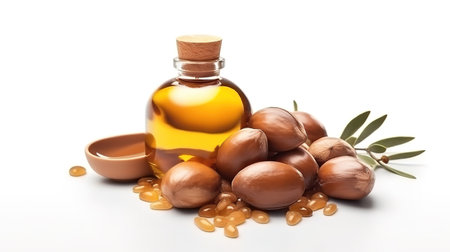 Argan seeds and oil isolated on a white background. Generative Aiの素材