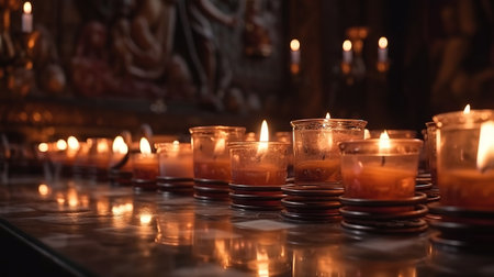 Flame of candles in the dark sacred interior of the temple. Generative Aiの素材