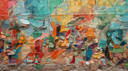 Torn paper collage background on an old poster on a street wall. Generative Aiの素材