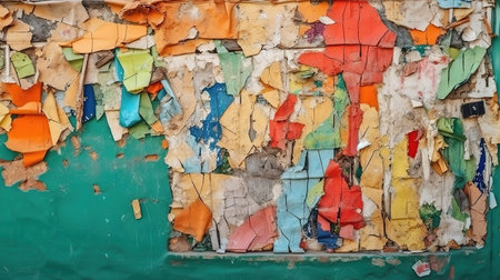 Torn paper collage background on an old poster on a street wall. Generative Aiの素材