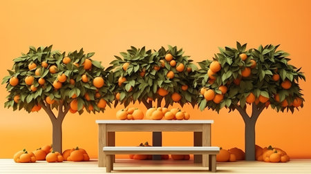 Wooden table and orange trees for product and merchandise display created. Generative Aiの素材