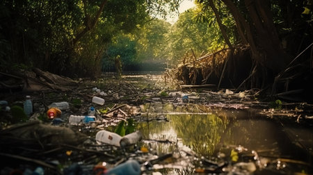PLASTIC POLLUTION in the jungle. Dirty plastic bottles and bags on a garbage. Generative Aiの素材