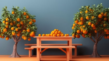 Empty wood table with orange trees. Generative Aiの素材
