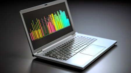 Top view dark laptop background template. Generative Aiの素材