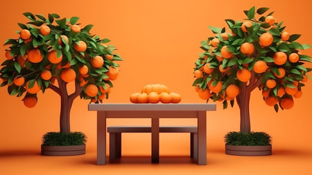 Wooden table and orange trees for product and merchandise display created. Generative Aiの素材