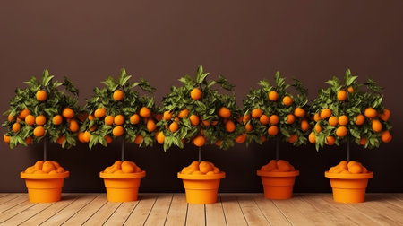 Wooden table and orange trees for product and merchandise display created. Generative Aiの素材