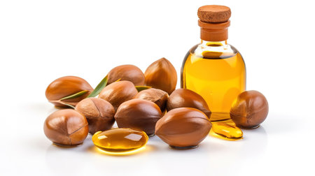 Argan seeds and oil isolated on a white background. Generative Aiの素材