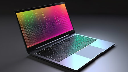 Top view dark laptop background template. Generative Aiの素材