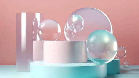 3d podium background. Minimal podium with transparent soap bubbles. Generative Aiの素材