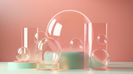3d podium background. Minimal podium with transparent soap bubbles. Generative Aiの素材