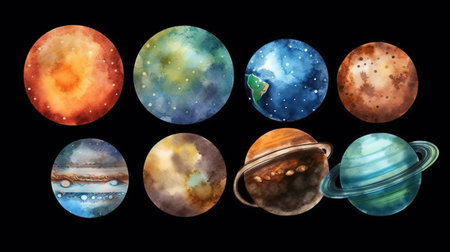 Set of solar system planets isolated on black background, Bright color. Generative Aiの素材