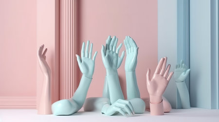 minimal fashion background, mannequin body parts, helping hands, show, presentation. Generative Aiの素材