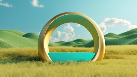 Round golden frame under the blue sky. Modern minimal showcase scene. Generative Aiの素材