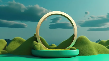 3d render, panoramic landscape. Abstract background with green grass. Generative Aiの素材