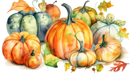 Watercolor pumpkins, Halloween illustration set, harvest. Generative Aiの素材