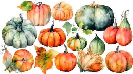 Watercolor pumpkins, Halloween illustration set, harvest. Generative Aiの素材