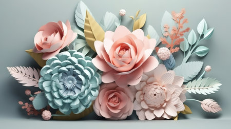 3d render, pastel paper flowers, botanical design, corner element. Generative Aiの素材
