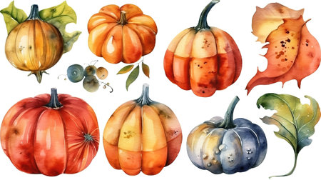 Watercolor pumpkins, Halloween illustration set, harvest. Generative Aiの素材