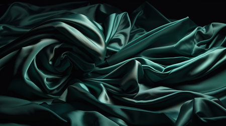 3d render, dark emerald green silky drapery, crumpled fabric background. Generative Aiの素材
