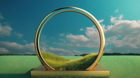 Round golden frame under the blue sky. Modern minimal showcase scene. Generative Aiの素材