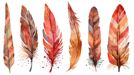 Watercolor illustration, brown red boho feather set, easter clip art. Generative Aiの素材