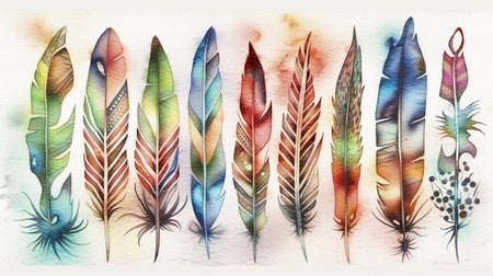 Watercolor boho illustration, tribal arrows, feathers, spring. Generative Aiの素材