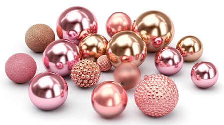 3d render, assorted metallic pink golden balls, objects isolated on white background. Generative Aiの素材