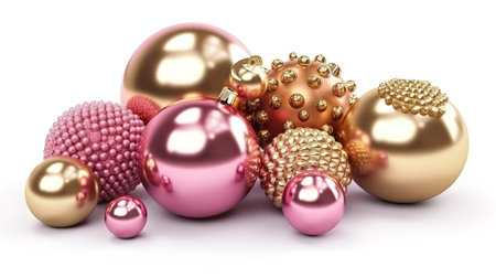 3d render, assorted metallic pink golden balls, objects isolated on white background. Generative Aiの素材