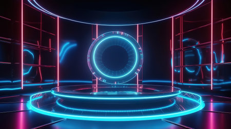 3d render. Abstract background. Empty performance stage and neon glow. Generative Aiの素材