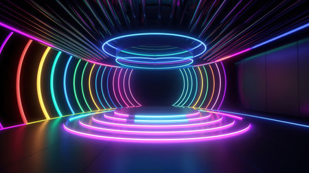 3d render. Abstract background. Empty performance stage and neon glow. Generative Aiの素材