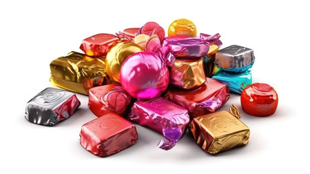 Bonbon, wrapped with shiny metallic foil. Objects isolated on white background. Generative Aiの素材