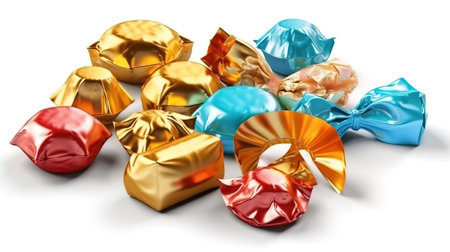Bonbon, wrapped with shiny metallic foil. Objects isolated on white background. Generative Aiの素材