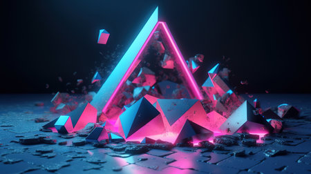 Glowing triangle, pink blue neon light, triangular frame. Generative Aiの素材