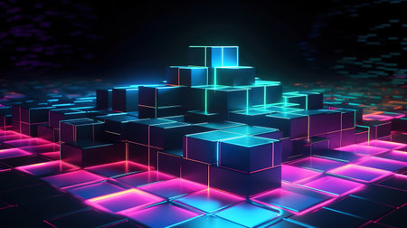 3d render, abstract neon geometric background. Generative Aiの素材