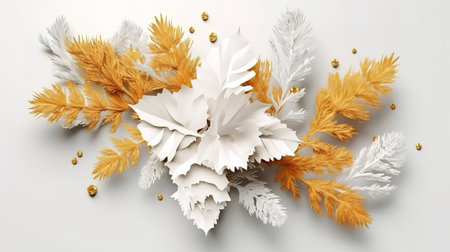 Christmas white fir branches with golden leafs, Bright color. Generative Aiの素材
