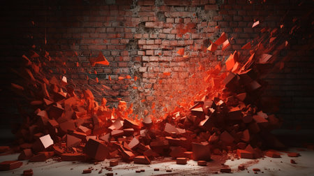 3d render, 3d illustration, explosion, cracked red brick wall. Generative Aiの素材