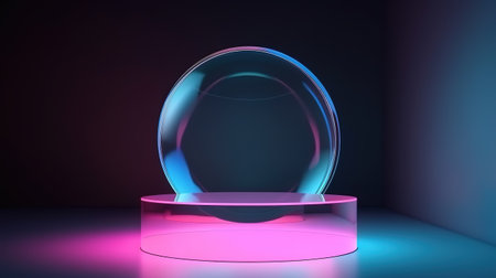3d render, abstract geometrical background with pink blue translucent round glass. Generative Aiの素材