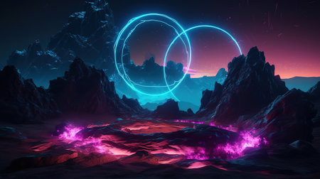 pink blue glowing ring over terrain, round frame, virtual reality. Generative Aiの素材