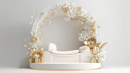 3d render, empty stage with round arch decorated with gold. Generative Aiの素材