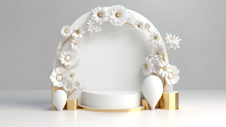3d render, empty stage with round arch decorated with gold. Generative Aiの素材